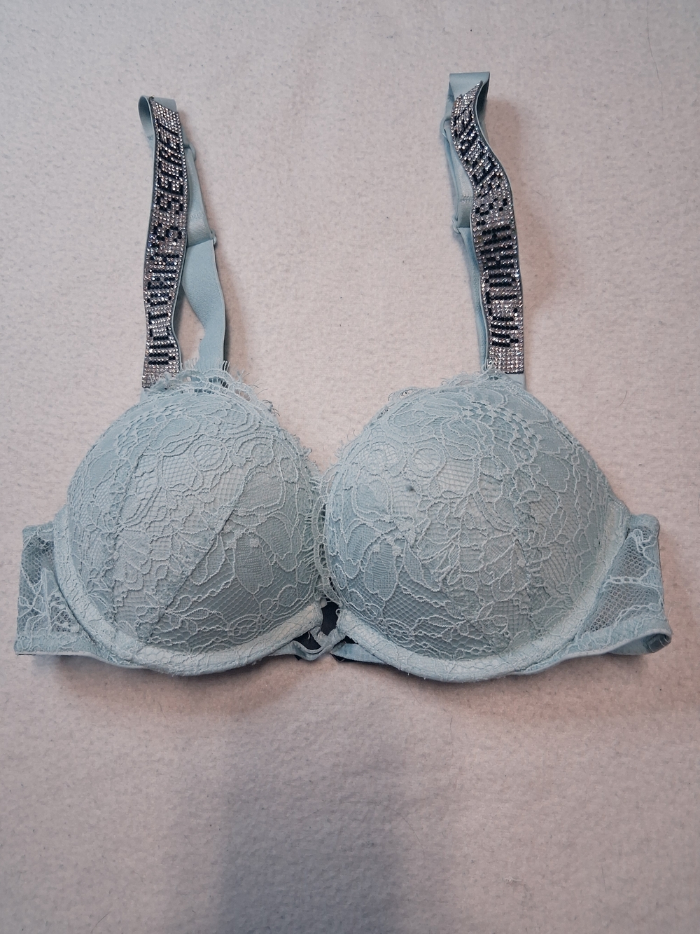 Victoria's Secret Light Blue Lace Push-Up Bra with Rhinestone Straps